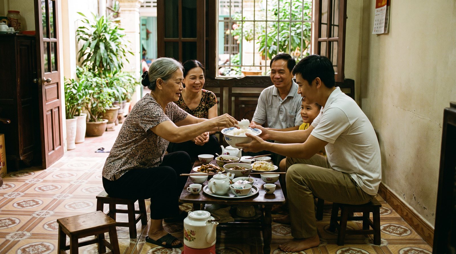 Three generations sharing a meal