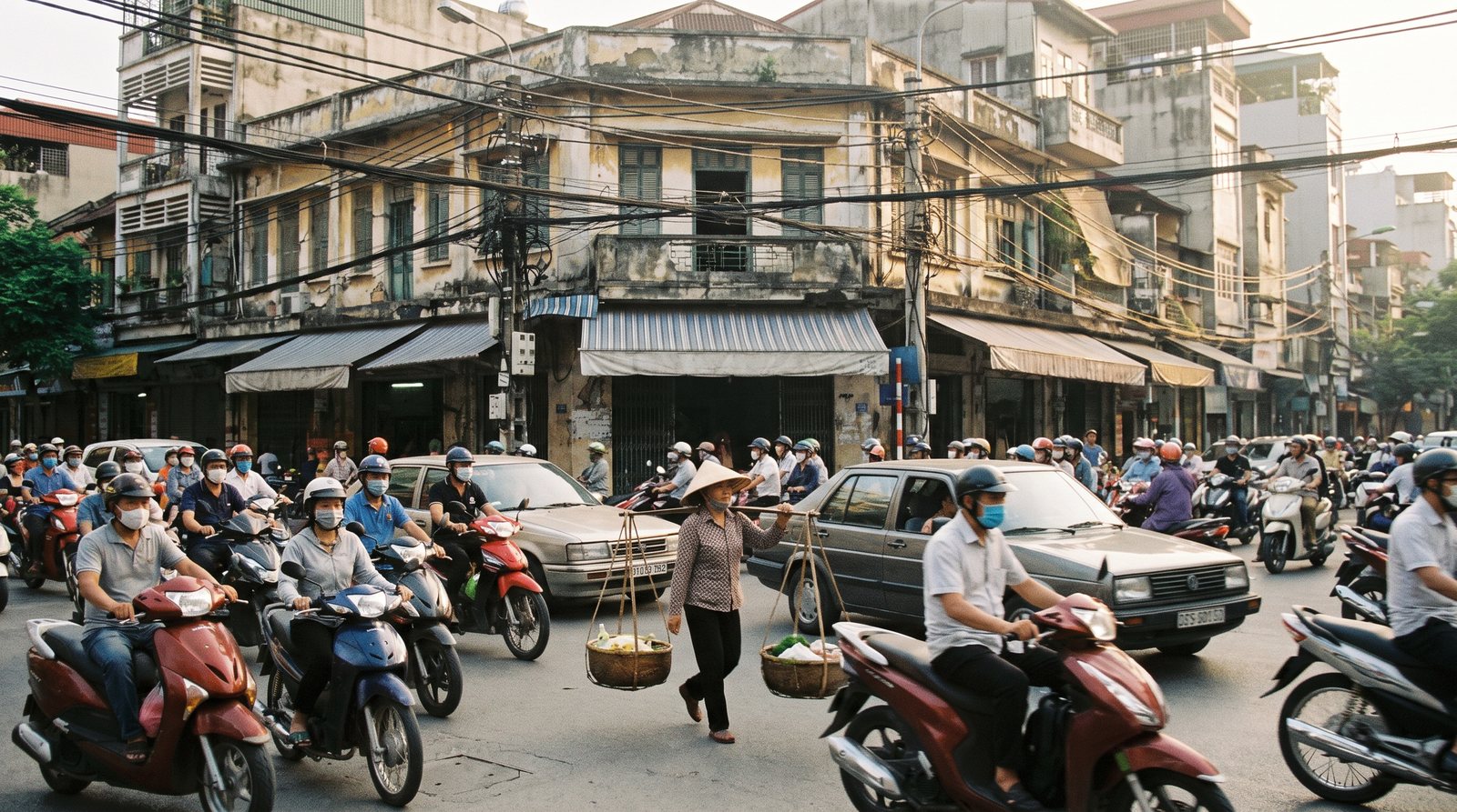 Crossing a street of motorbikes