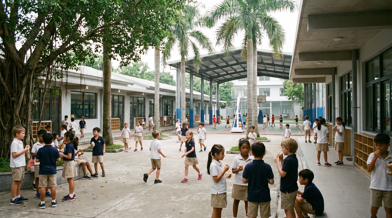 An international school courtyard at break
