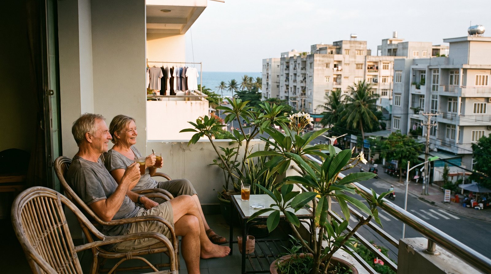 An apartment balcony in Da Nang at dusk