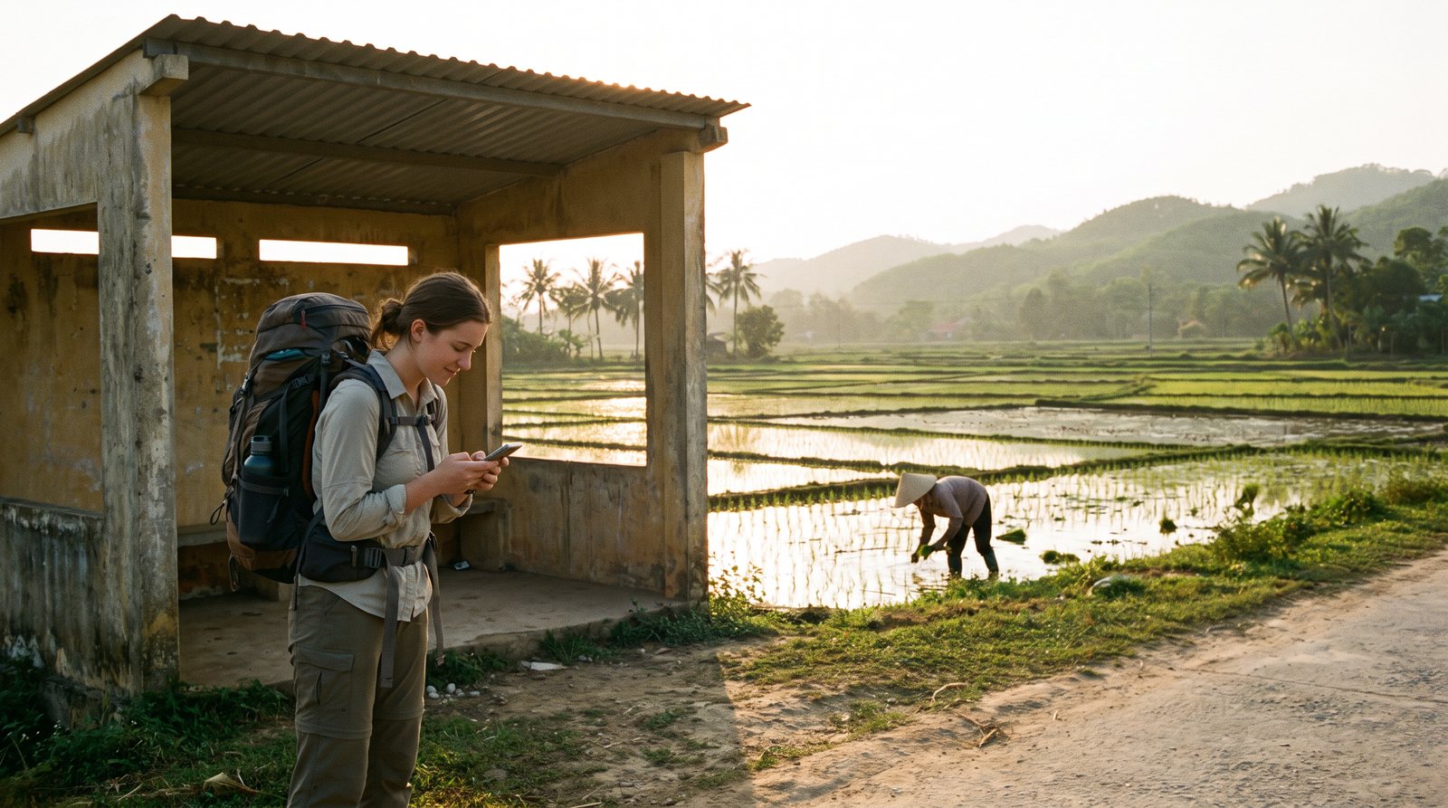 Travelling alone by a paddy field