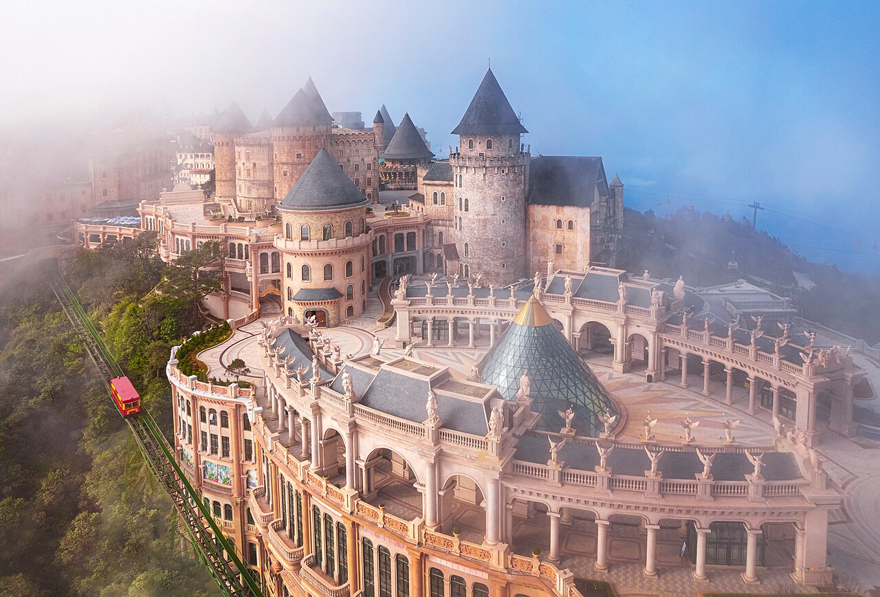 Ba Na Hills French Village castle aerial view fog Da Nang Vietnam