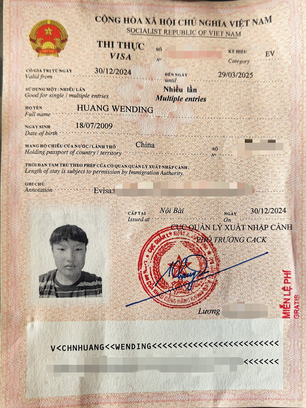 Loose-leaf Visa for Chinese Citizens Entering Vietnam