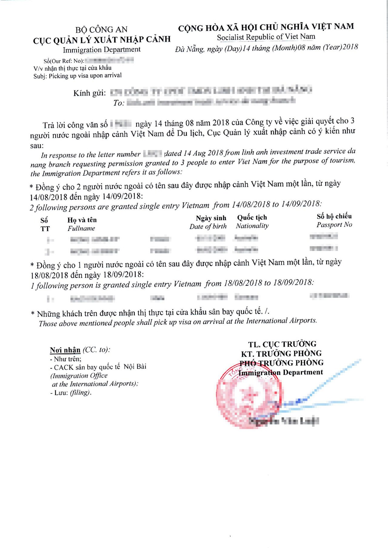 Vietnamese visa approval letter