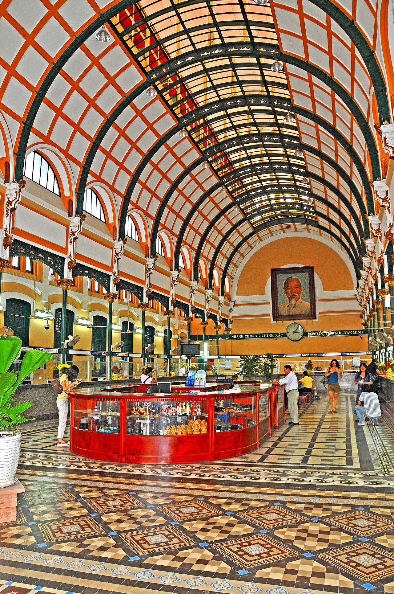 Ho Chi Minh's portrait over the hall of the Central Post Office, Ho Chi Minh City