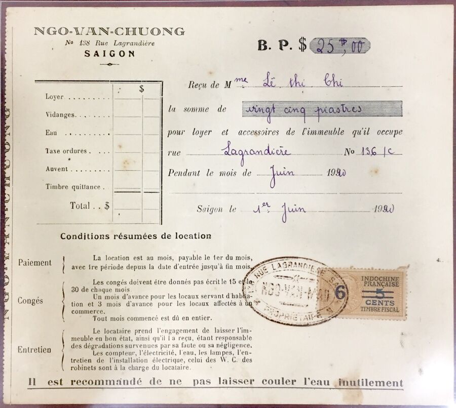Receipt for receipt of house rent - Saigon (June 1933) Notestamps 01